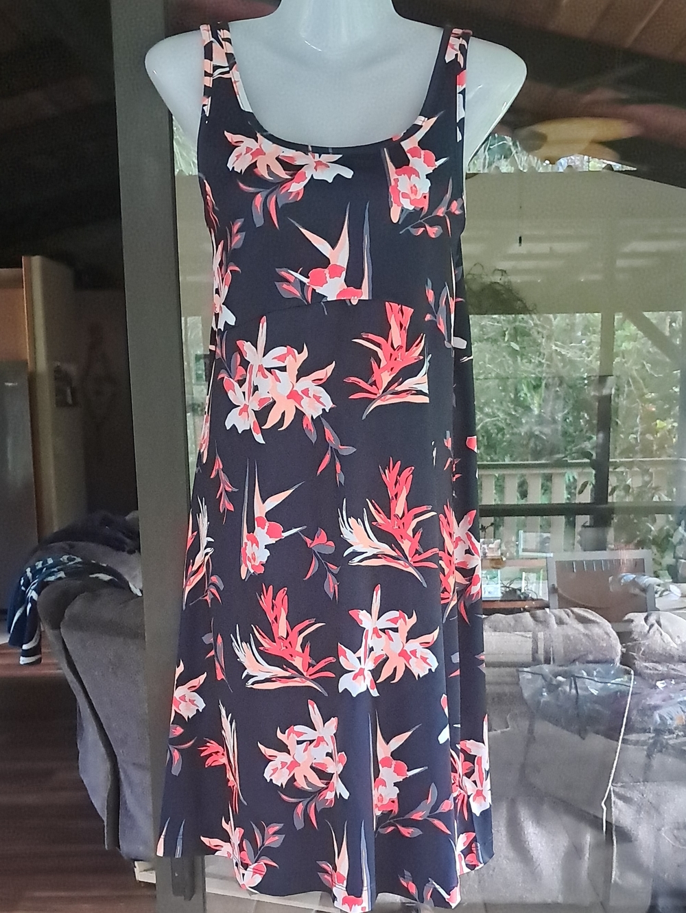 Navy Floral Scoop Neck Sleeveless Dress with Coral Accents